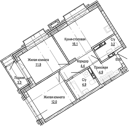 Планировка 2-к.кв 57.51 м² в ЖК «Кварталы Немировича-2»