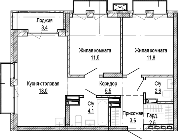 Планировка 2-к.кв 59.60 м² в ЖК «Кварталы Немировича-2»