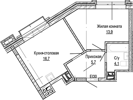 Планировка 1-к.кв 40.43 м² в ЖК «Кварталы Немировича-2»