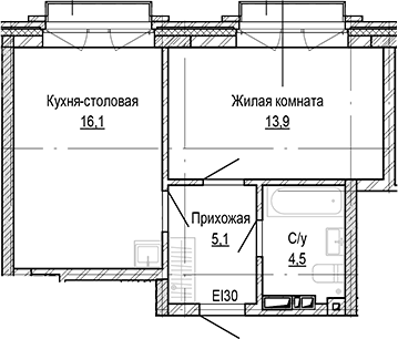 Планировка 1-к.кв 39.66 м² в ЖК «Кварталы Немировича-2»