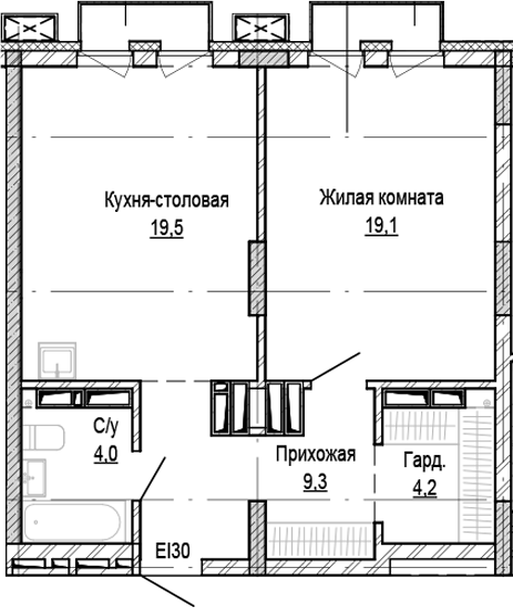 Планировка 1-к. квартира 56.10 м² в ЖК «Кварталы Немировича-2»