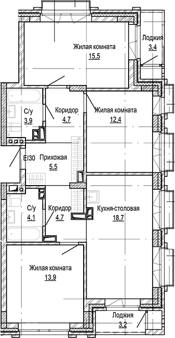 Планировка 3-к.кв 83.45 м² в ЖК «Кварталы Немировича-2»