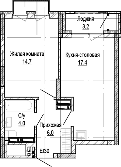 Планировка 1-к. квартира 42.10 м² в ЖК «Кварталы Немировича-2»