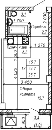 Планировка студии 24.68 м² в ЖК «Серебряный ключ»
