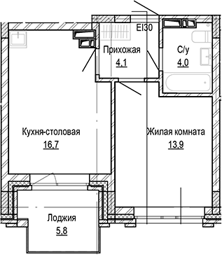 Планировка 1-к.кв 38.70 м² в ЖК «Кварталы Немировича-2»