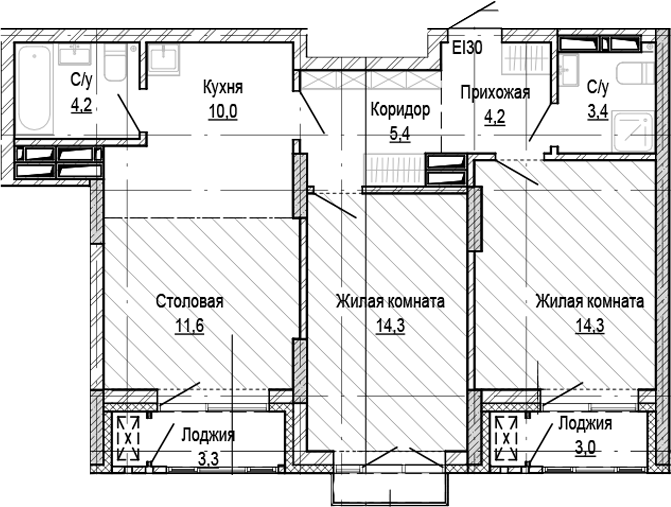Планировка 2-к.кв 67.40 м² в ЖК «Кварталы Немировича-2»