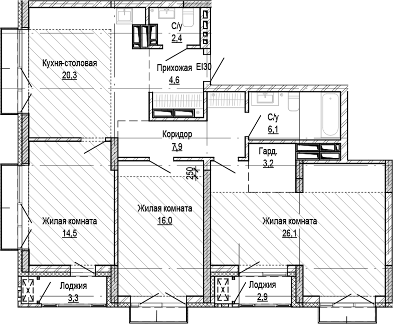 Планировка 3-к.кв 101.10 м² в ЖК «Кварталы Немировича-2»