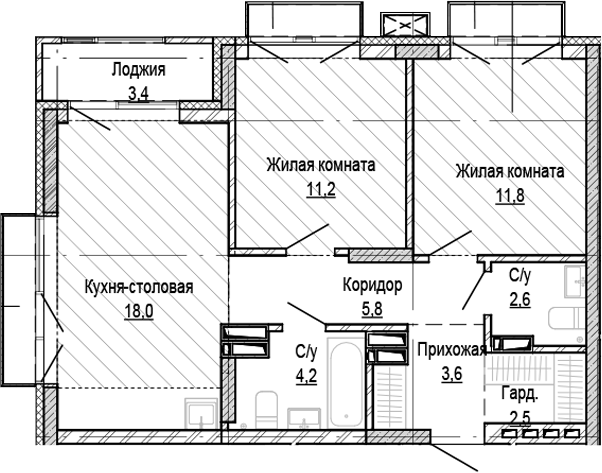Планировка 2-к.кв 59.70 м² в ЖК «Кварталы Немировича-2»
