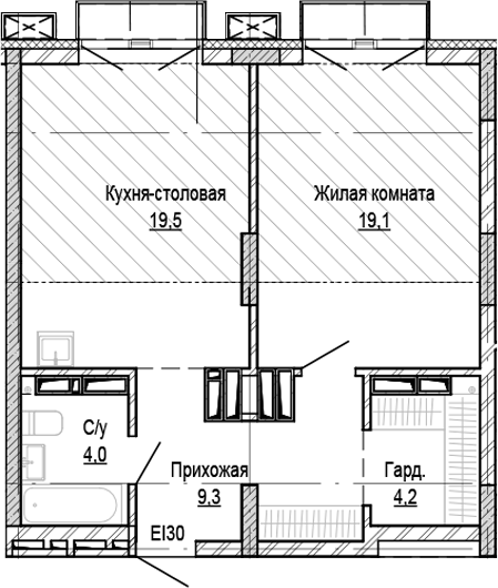 Планировка 1-к.кв 56.10 м² в ЖК «Кварталы Немировича-2»