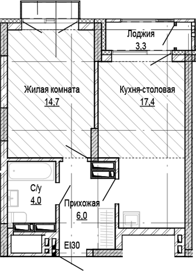 Планировка 1-к. квартира 42.10 м² в ЖК «Кварталы Немировича-2»