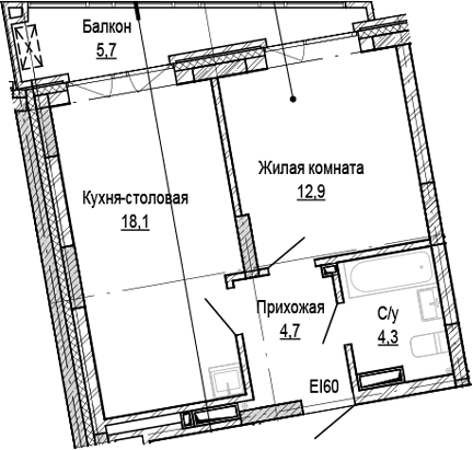 Планировка 1-к. квартира 40.00 м² в ЖК «Кварталы Немировича-2»