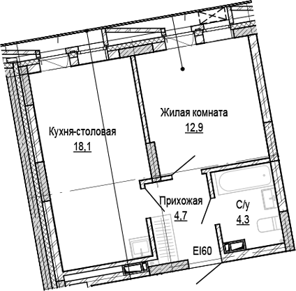 Планировка 1-к.кв 39.94 м² в ЖК «Кварталы Немировича-2»