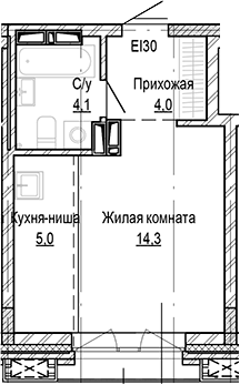 Планировка студии 27.41 м² в ЖК «Кварталы Немировича-2»