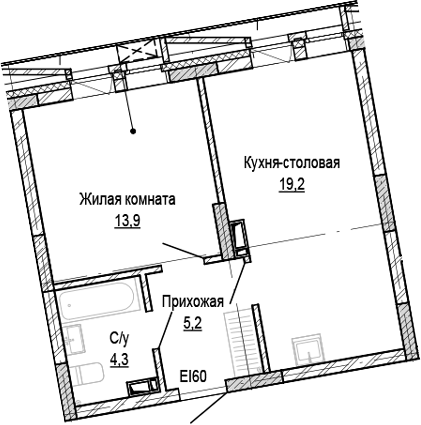Планировка 1-к.кв 42.54 м² в ЖК «Кварталы Немировича-2»