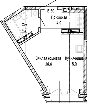 Планировка студии 29.01 м² в ЖК «Кварталы Немировича-2»