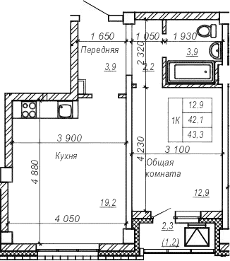 Планировка 1-к.кв 42.15 м² в ЖК «Серебряный ключ»