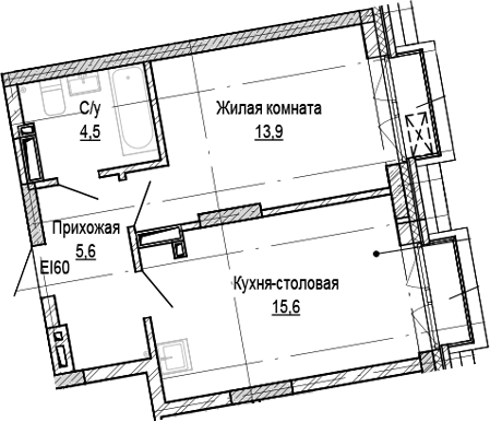 Планировка 1-к.кв 39.60 м² в ЖК «Кварталы Немировича-2»