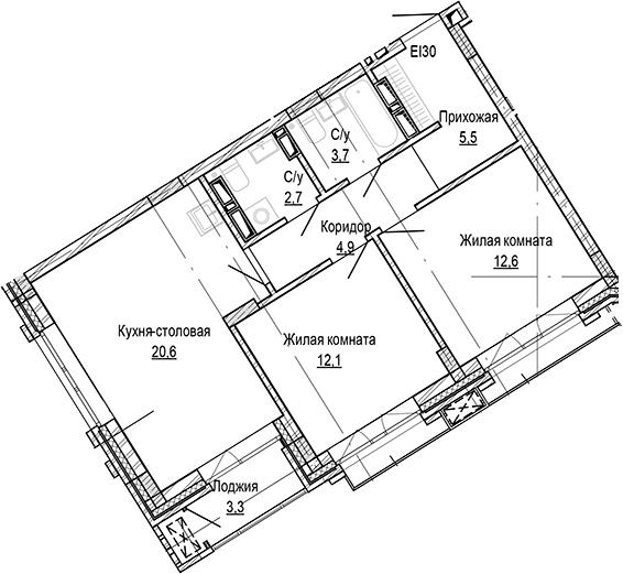 Планировка 2-к.кв 62.10 м² в ЖК «Кварталы Немировича-2»