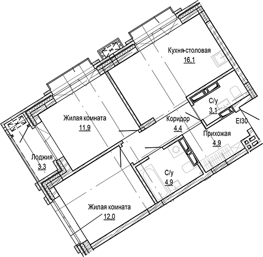 Планировка 2-к.кв 57.41 м² в ЖК «Кварталы Немировича-2»