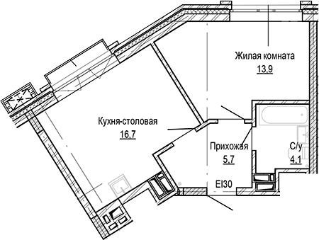 Планировка 1-к. квартира 40.43 м² в ЖК «Кварталы Немировича-2»