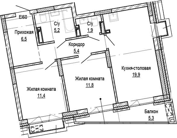 Планировка 2-к.кв 62.10 м² в ЖК «Кварталы Немировича-2»