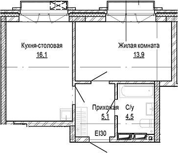 Планировка 1-к.кв 39.66 м² в ЖК «Кварталы Немировича-2»