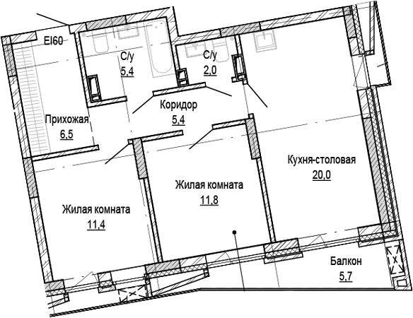 Планировка 2-к.кв 62.55 м² в ЖК «Кварталы Немировича-2»