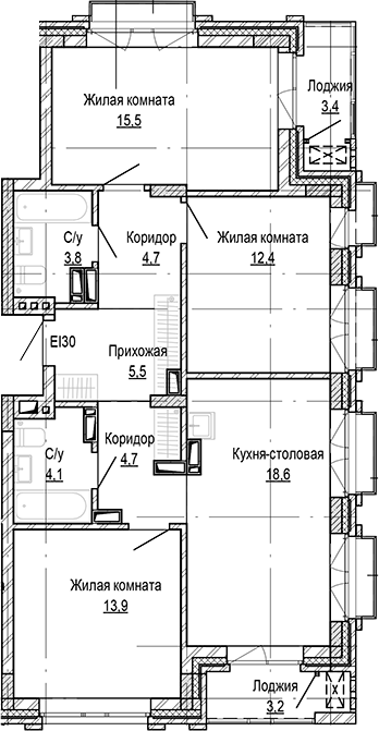 Планировка 3-к. квартира 83.25 м² в ЖК «Кварталы Немировича-2»