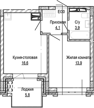 Планировка 1-к.кв 38.50 м² в ЖК «Кварталы Немировича-2»