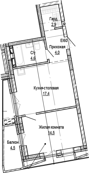 Планировка 1-к.кв 43.54 м² в ЖК «Кварталы Немировича-2»