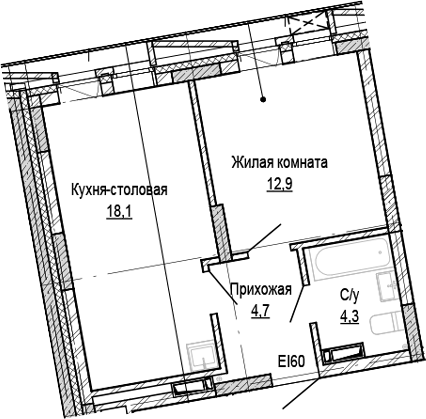 Планировка 1-к. квартира 39.94 м² в ЖК «Кварталы Немировича-2»