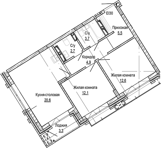 Планировка 2-к.кв 62.10 м² в ЖК «Кварталы Немировича-2»