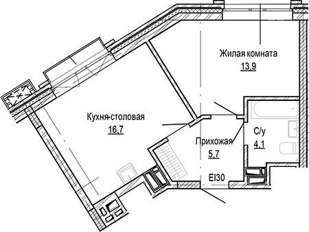 Планировка 1-к.кв 40.43 м² в ЖК «Кварталы Немировича-2»