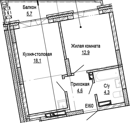 Планировка 1-к. квартира 39.90 м² в ЖК «Кварталы Немировича-2»