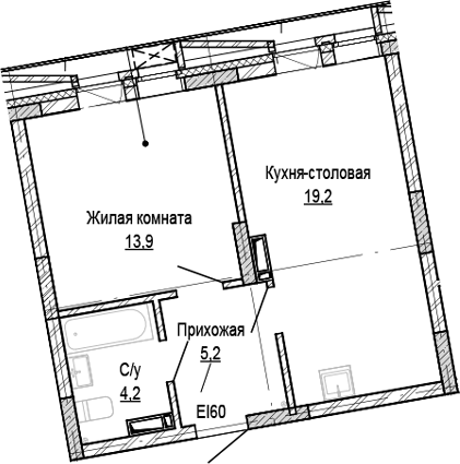Планировка 1-к. квартира 42.44 м² в ЖК «Кварталы Немировича-2»