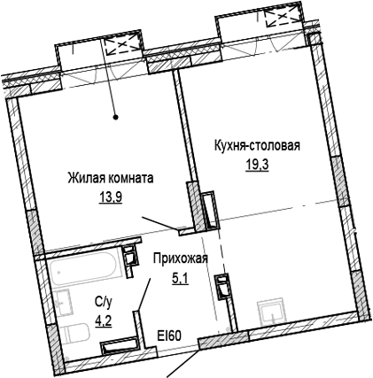 Планировка 1-к. квартира 42.50 м² в ЖК «Кварталы Немировича-2»
