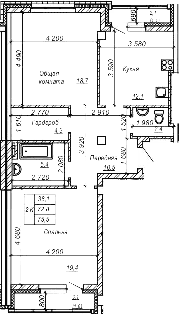 Планировка 2-к.кв 72.90 м² в ЖК «Серебряный ключ»