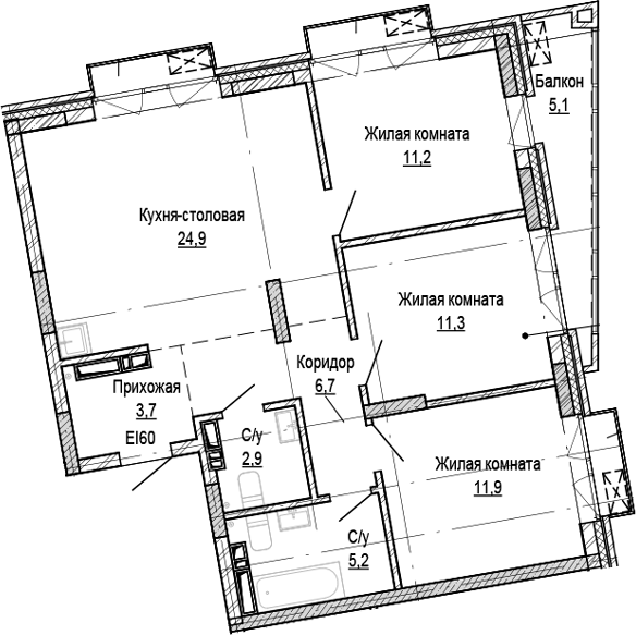 Планировка 3-к. квартира 77.80 м² в ЖК «Кварталы Немировича-2»