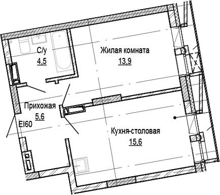 Планировка 1-к. квартира 39.60 м² в ЖК «Кварталы Немировича-2»