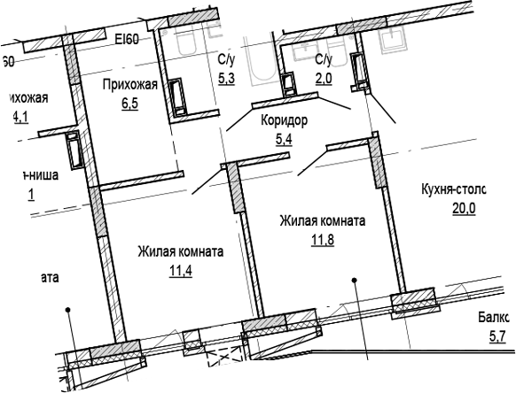 Планировка 2-к.кв 62.45 м² в ЖК «Кварталы Немировича-2»