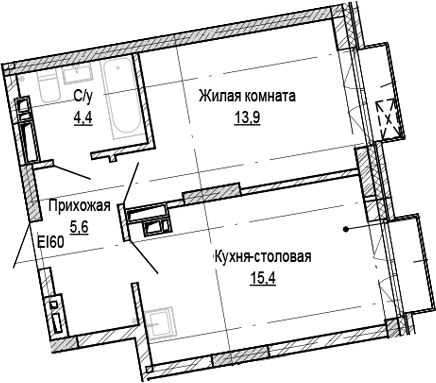Планировка 1-к. квартира 39.30 м² в ЖК «Кварталы Немировича-2»