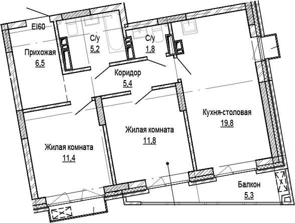 Планировка 2-к. квартира 61.90 м² в ЖК «Кварталы Немировича-2»