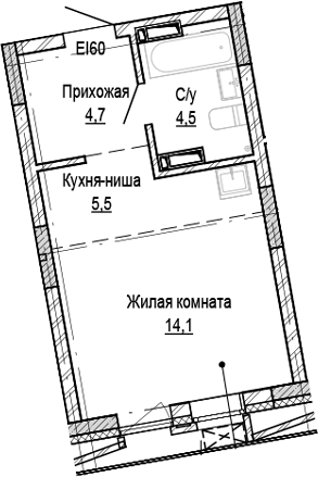 Планировка студия 28.84 м² в ЖК «Кварталы Немировича-2»