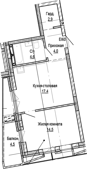 Планировка 1-к. квартира 43.54 м² в ЖК «Кварталы Немировича-2»