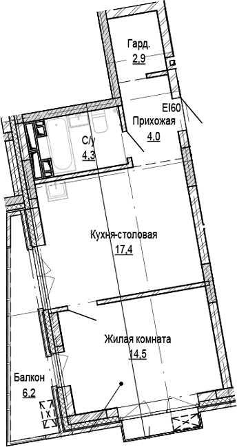 Планировка 1-к. квартира 43.10 м² в ЖК «Кварталы Немировича-2»