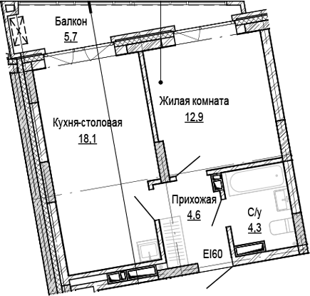 Планировка 1-к. квартира 39.90 м² в ЖК «Кварталы Немировича-2»