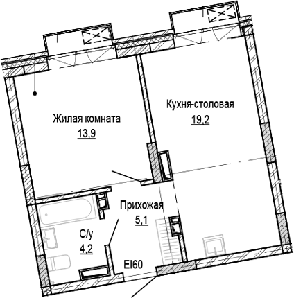 Планировка 1-к. квартира 42.40 м² в ЖК «Кварталы Немировича-2»