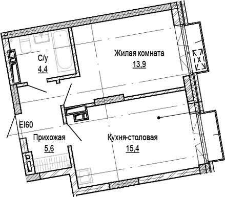 Планировка 1-к.кв 39.30 м² в ЖК «Кварталы Немировича-2»