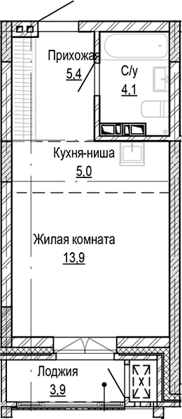 Планировка студия 28.45 м² в ЖК «Кварталы Немировича-2»