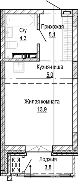 Планировка студия 28.30 м² в ЖК «Кварталы Немировича-2»